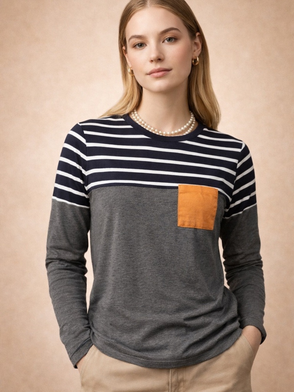 NORACORA Color Block Striped Long Sleeve Top XXL Pocket Casual Trendy